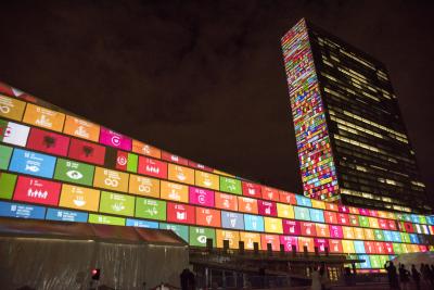 Projections on Sustainable Development Goals on the UN Headquarters building in New York  and 70th Anniversary of the United Nations