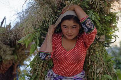 Portrait of a young woman carrying branches on her back in Chautera, area heavily affected by the 2015 earthquake. 